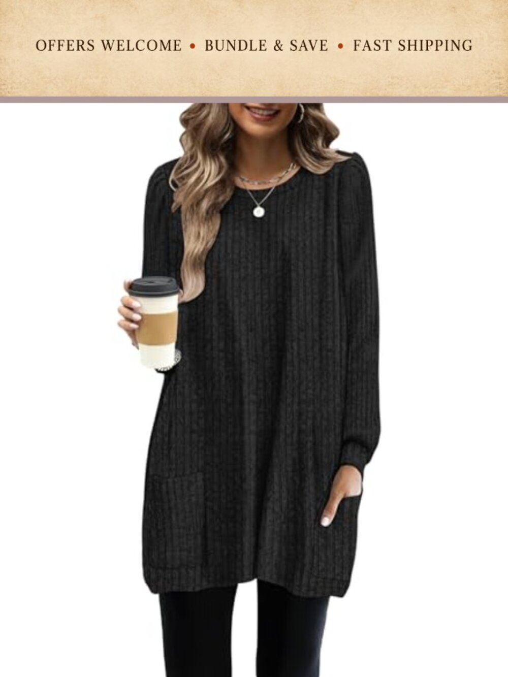Womens Long Sleeve Tunic Top Sweater Dress with Pockets Loose Fit